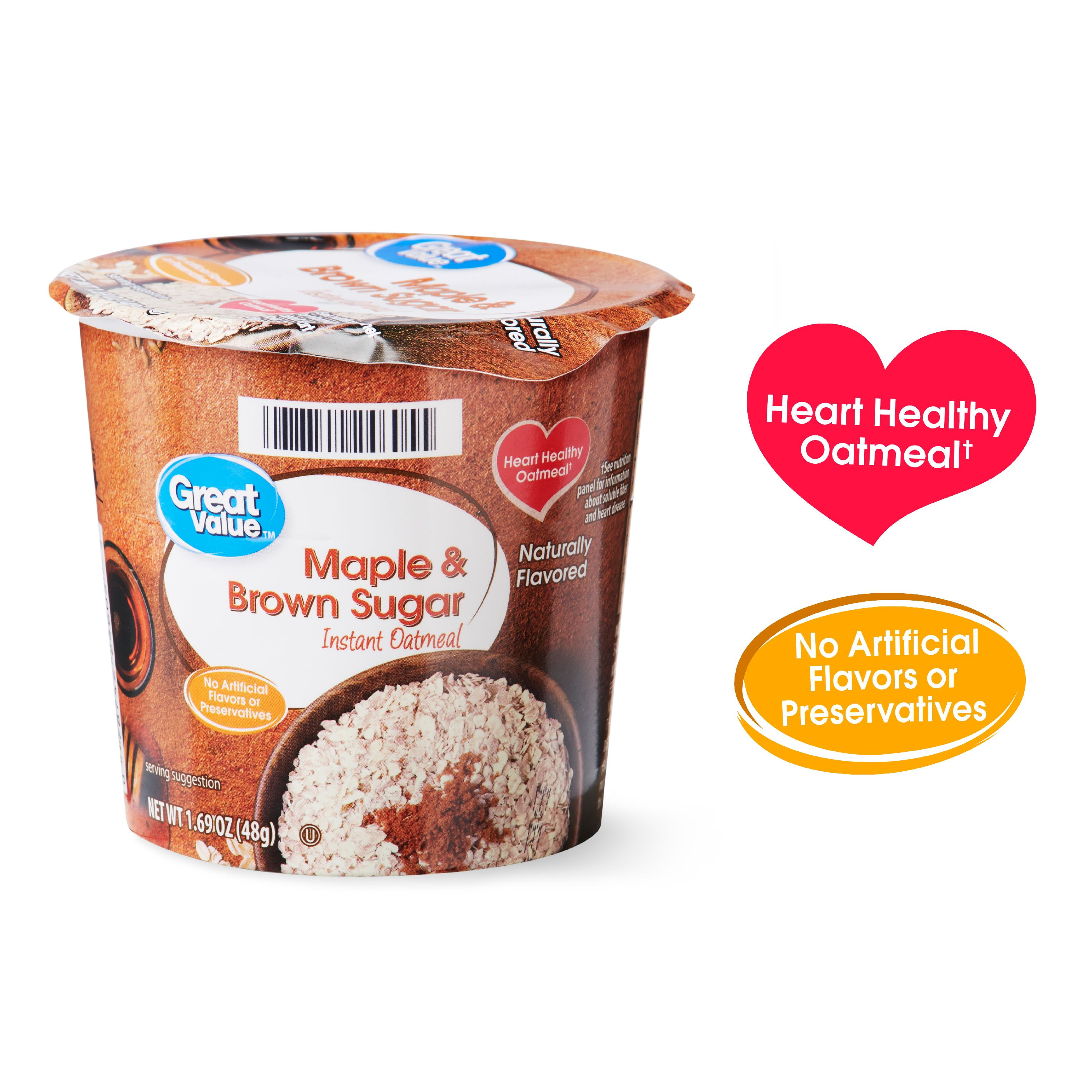 (6 pack) Great Value Maple and Brown Sugar Instant Oatmeal Cup, 1.69 oz