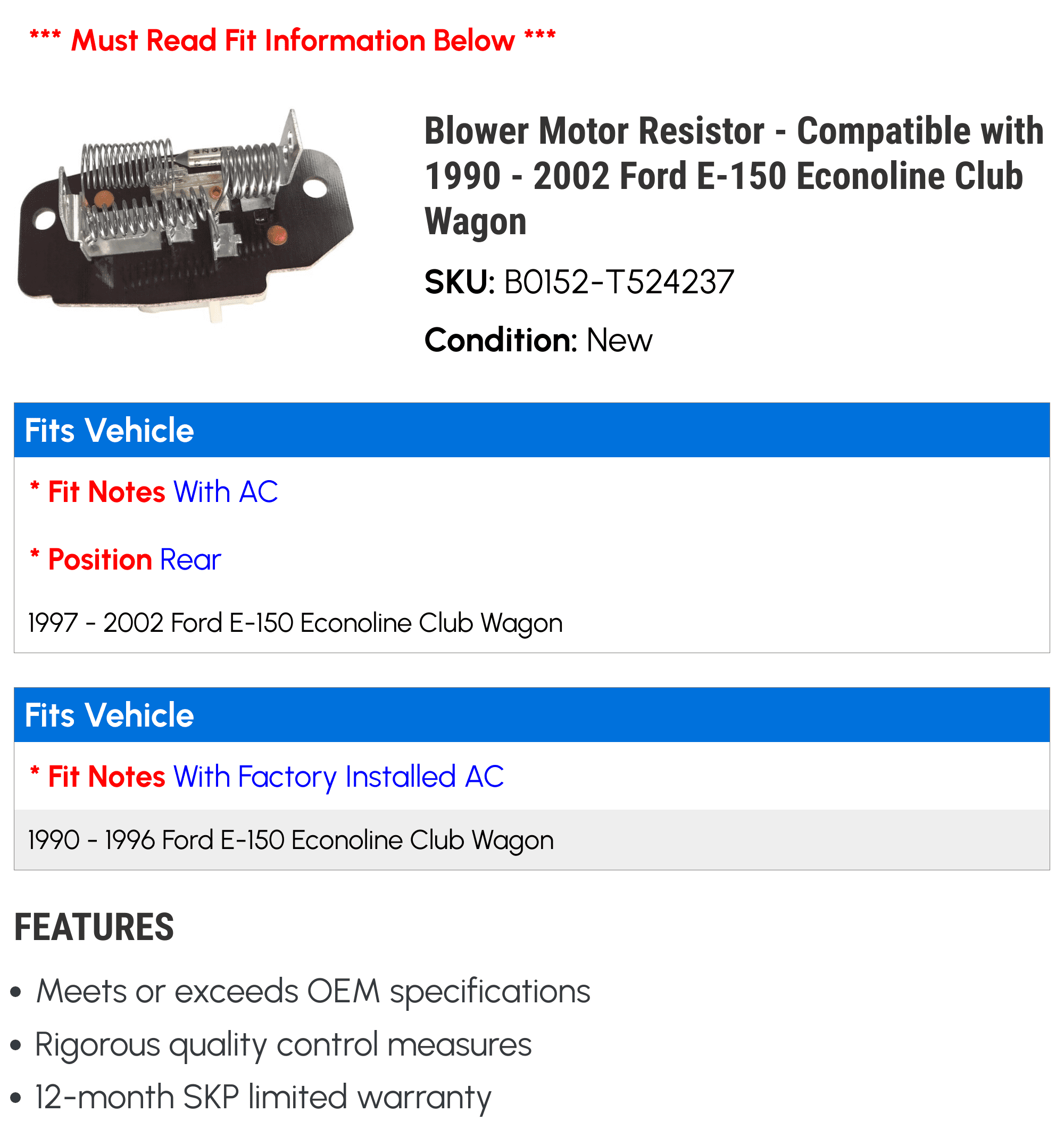 Blower Motor Resistor - Compatible with 1990 - 2002 Ford E-150 Econoline Club Wagon 1991 1992 1993 1994 1995 1996 1997 1998 1999 2000 2001