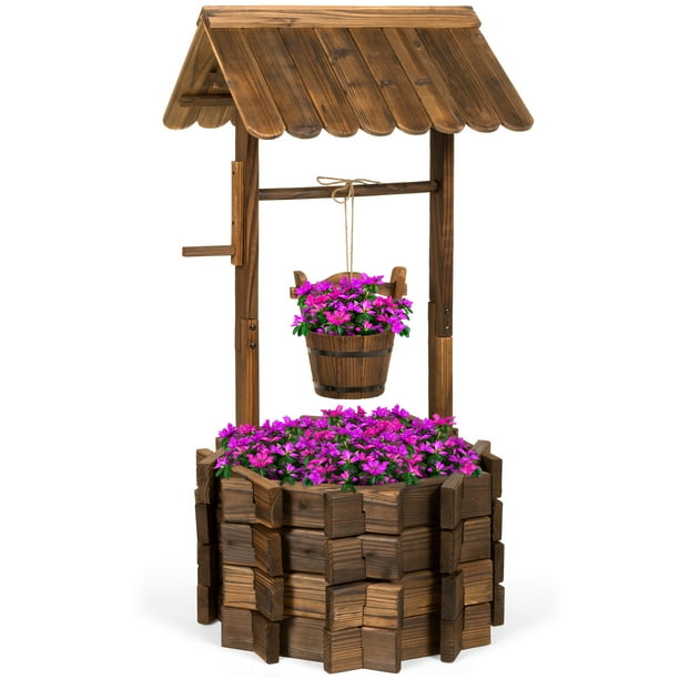 Best Choice Products Rustic Wooden Wishing Well Planter Outdoor Home