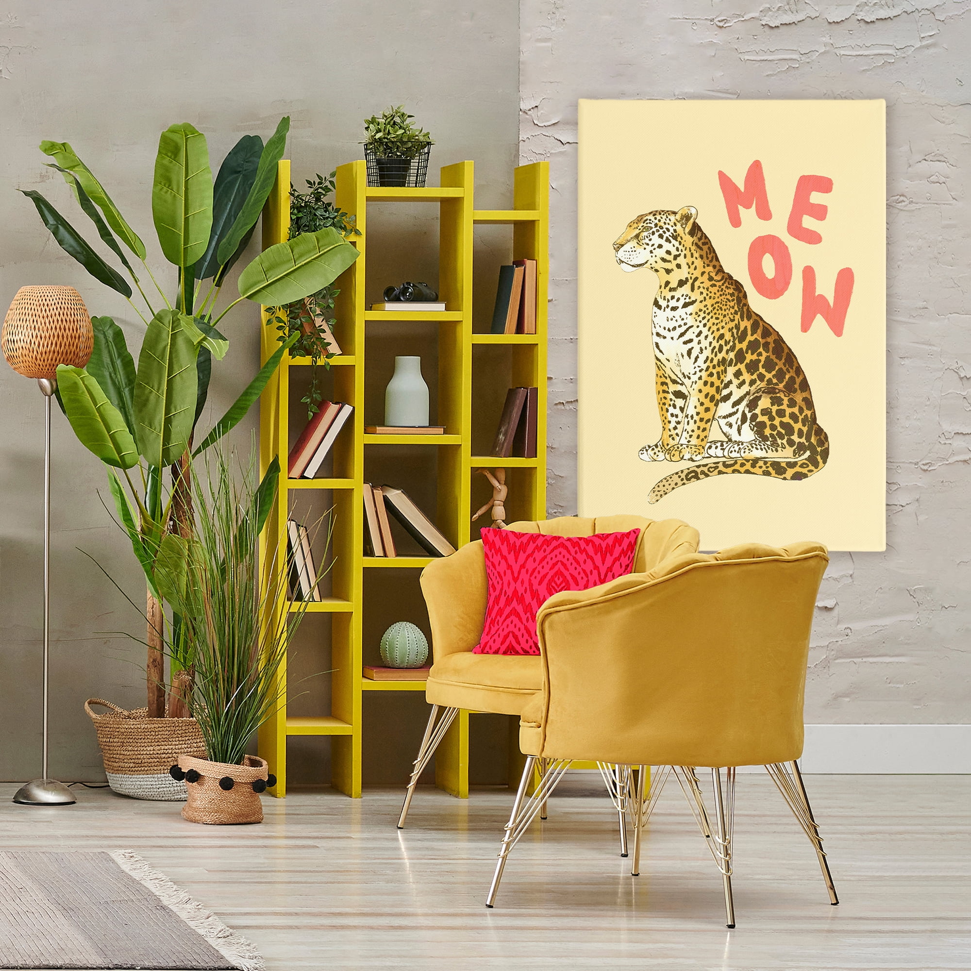 Stupell Industries Meow Leopard on Yellow Canvas Wall Art, design by Florentina Dolci