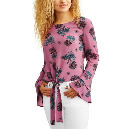 Tie Front Chiffon Blouse - Juniors' Printed Bell Sleeve Tie Front Peasant Blouse