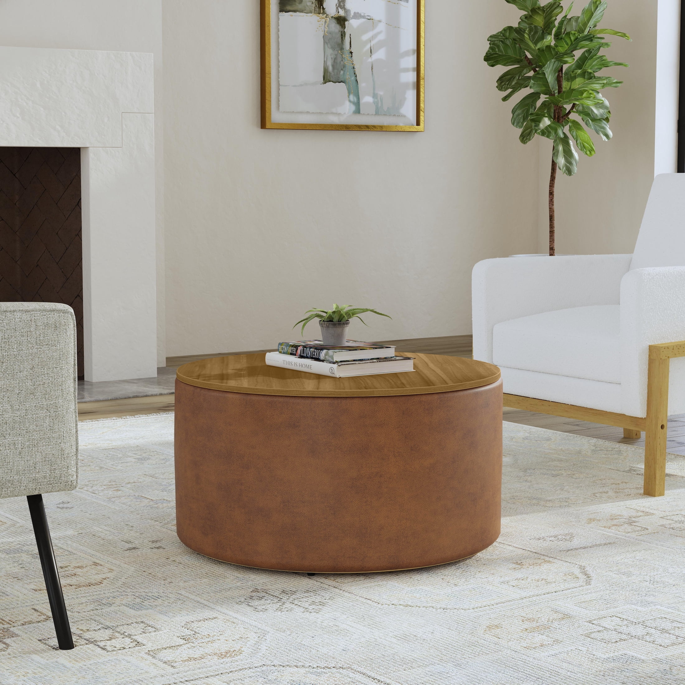 HomePop Large Modern Round Storage Ottoman with Wood Lift-Top Lid, Brown Faux Leather/Honey Oak