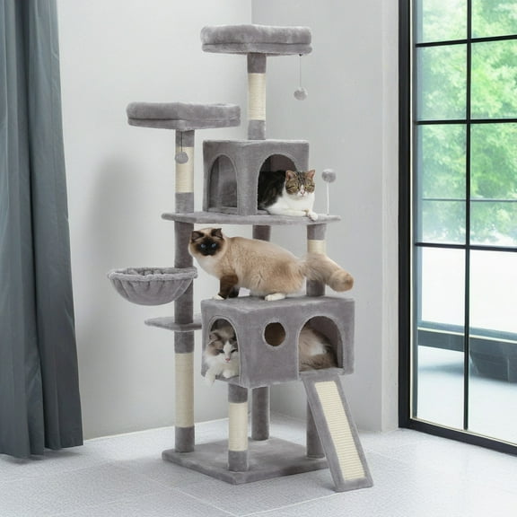 Pefilos 64" Cat Tree Tower for Large Cats with Sisal Poles, Hammock, Indoor Pet Supplies Climbing Tree House, Multi-Level Cat Condos, Gray