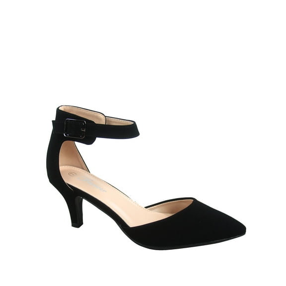 Sunrise-39 Women's Ankle Strap Buckle Pointy Toe Stiletto Low Heel Pumps ( Black, 6 )