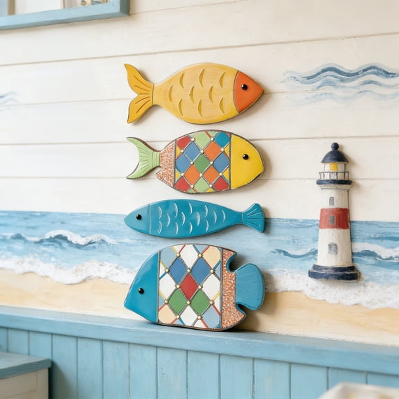 mdesiwst 4 Pcs Wood Fish Wall Decor Nautical Coastal Hanging Wall Art Rustic Beach Theme Wall Sculpture for Bathroom Lake House