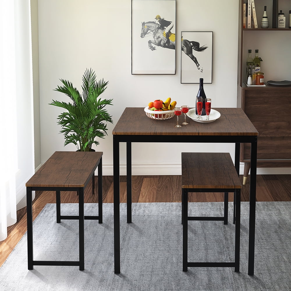 Kepooman 3-Piece Dining Table Set with Two Benches, Brown