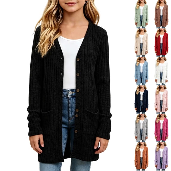 Husipze Girls Mid Lightweight Cardigan Sweater Button down Button down Open Front V-neck Ribbed Knit Long Sleeve Casual Fall Winter Outerwear Black 5-6 Years