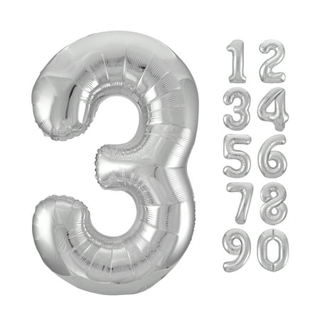 Unique Industries Foil Big Number 3 Shaped 34" Silver Solid Print Party Balloon