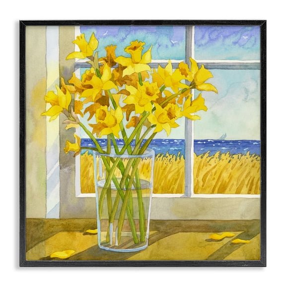 Stupell Industries Traditional Daffodils in Seaside Window Black Framed Giclee Art, 17 x 17, by Robin Altman
