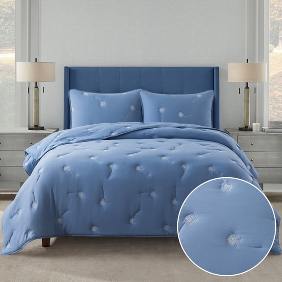 NSH by New Sega Home, 3-Piece Comforter Set, Embroidered Dandelion, Blue, Bed in a Bag, Full/Queen