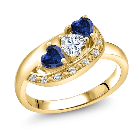 Gem Stone King 18K Yellow Gold Plated Silver White Moissanite and Blue Created Sapphire and White Created Sapphire Engagement Ring for Women (1.29 Cttw, Gemstone , Heart Shape 4MM, Size 9)
