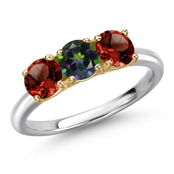 Gem Stone King 10K Two Tone Gold Green Mystic Topaz and Red Garnet Engagement Ring for Women | 1.65 Cttw | Round 5MM | Gemstone November Birthstone | Size 6