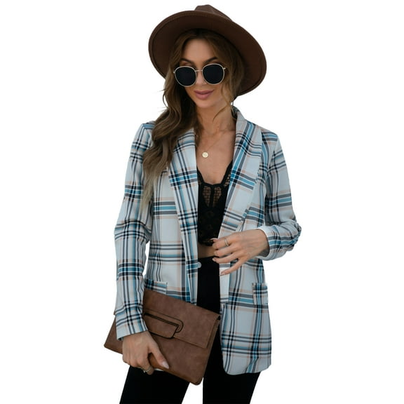 Women's Open Front Plaid Blazer Coat Jacket Long Sleeve Mock Front Pockets Formal Work Attire, Blue, Small