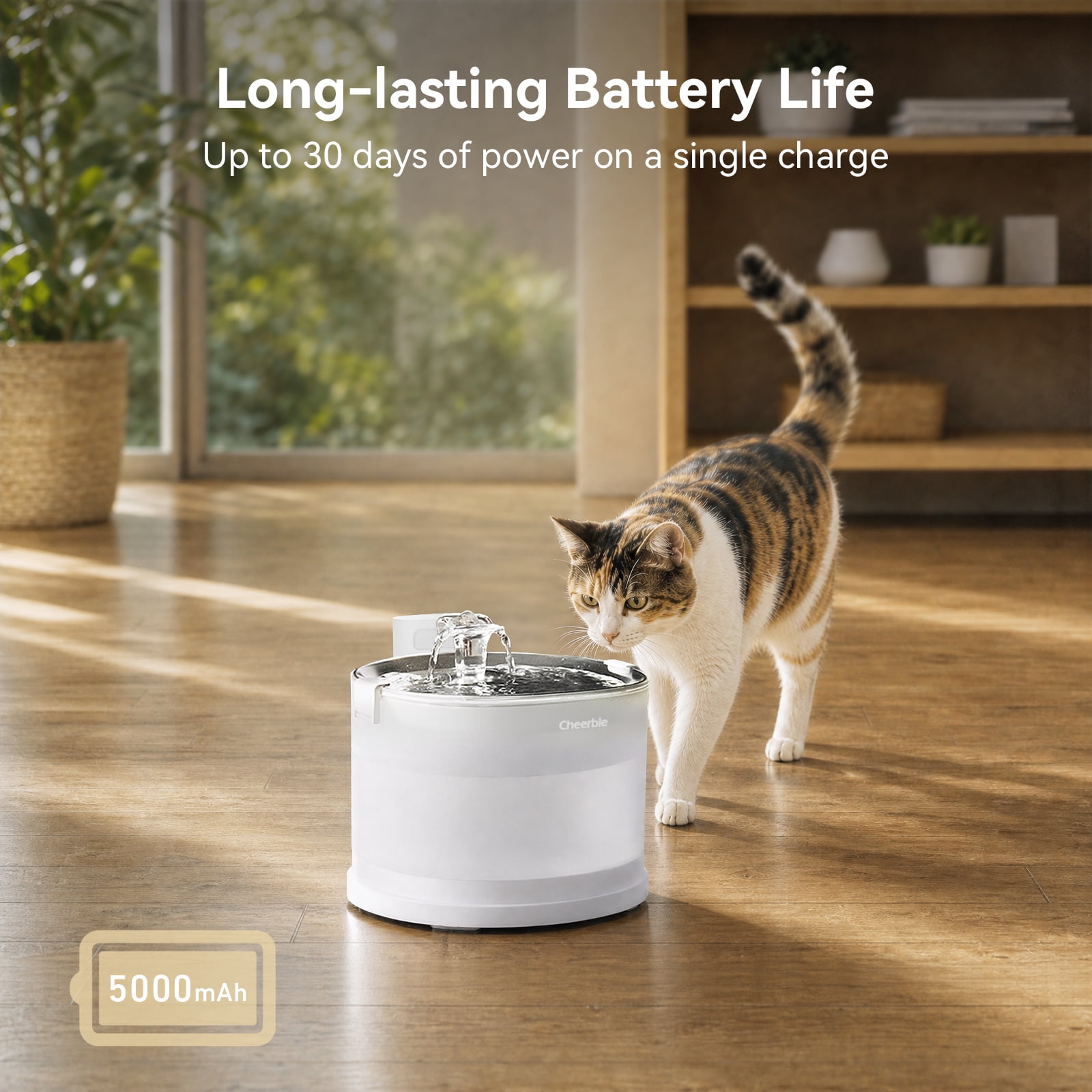 Cheerble Elfin E1+ 2 L Stainless Steel Wireless Pet Water Fountain with Multi-Layer Filter