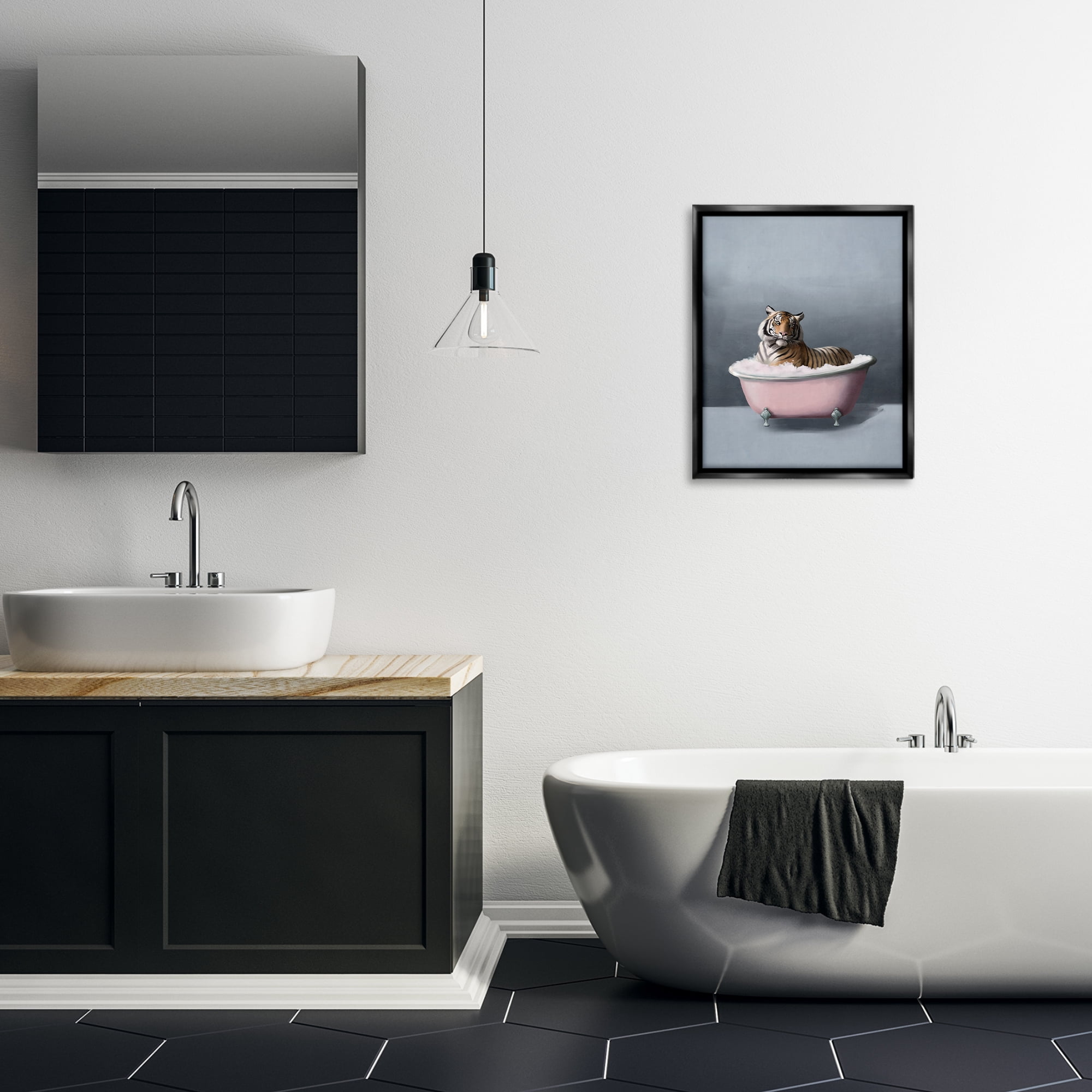 Stupell Industries Tiger in the Bathtub Bath & Laundry Painting Black Floater Framed Canvas Art Print Wall Art, 17 x 21