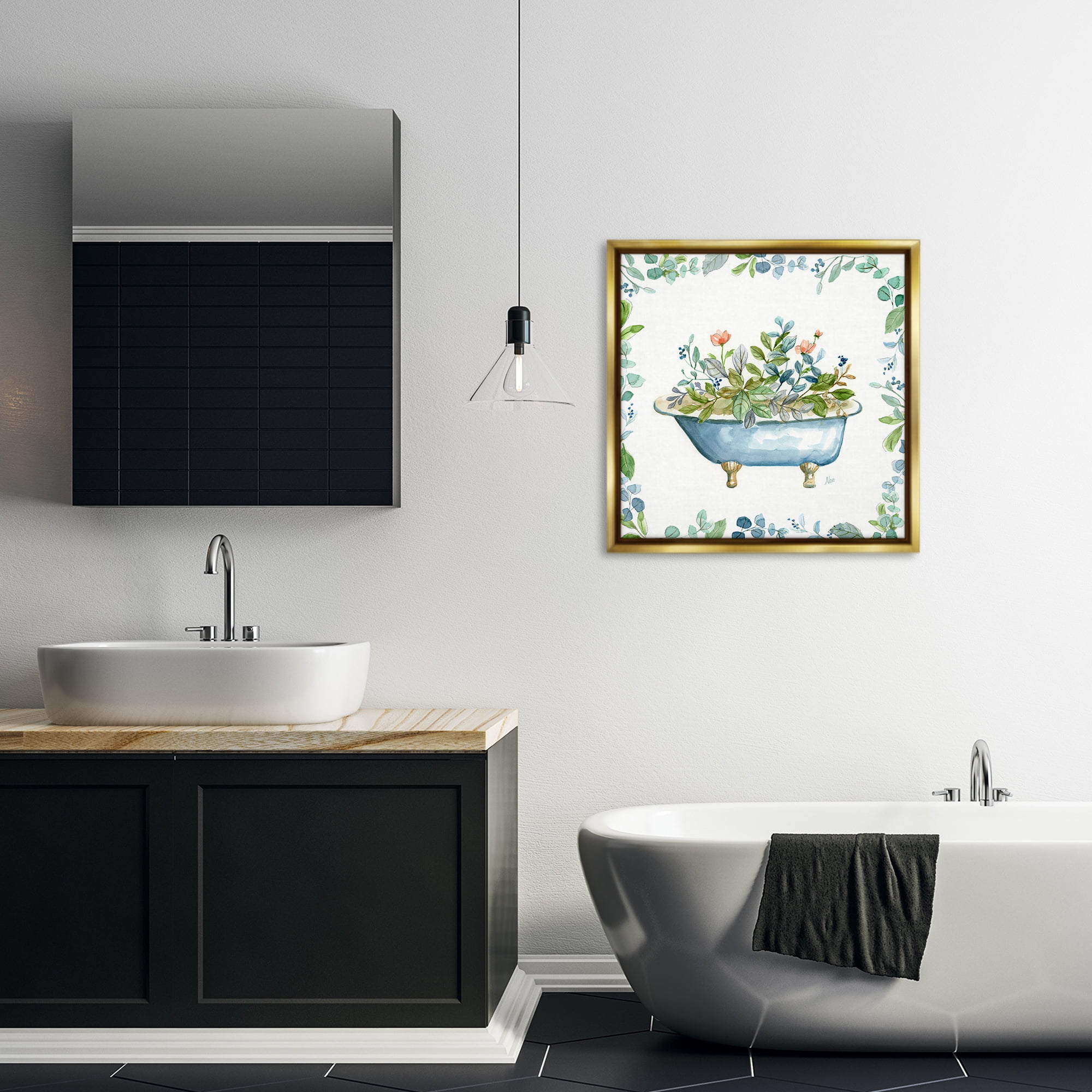 Stupell Industries Botanical Bath Tub Typography Painting Gold Floater Framed Canvas Art Print Wall Art, 25 x 25