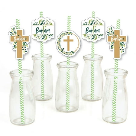 Elegant Straw - Baptism Elegant Cross - Paper Straw Decor - Religious Party Striped Decorative Straws - Set of 24