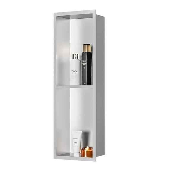 Qeke Niche de Douche en Acier Inoxydable 24 Pouces X 8 Pouces, Niche Murale Sans Carreaux avec Doubles Tablettes, Niche Encastrée pour Douche et Rangement de Salle de Bain, Nickel Brossé