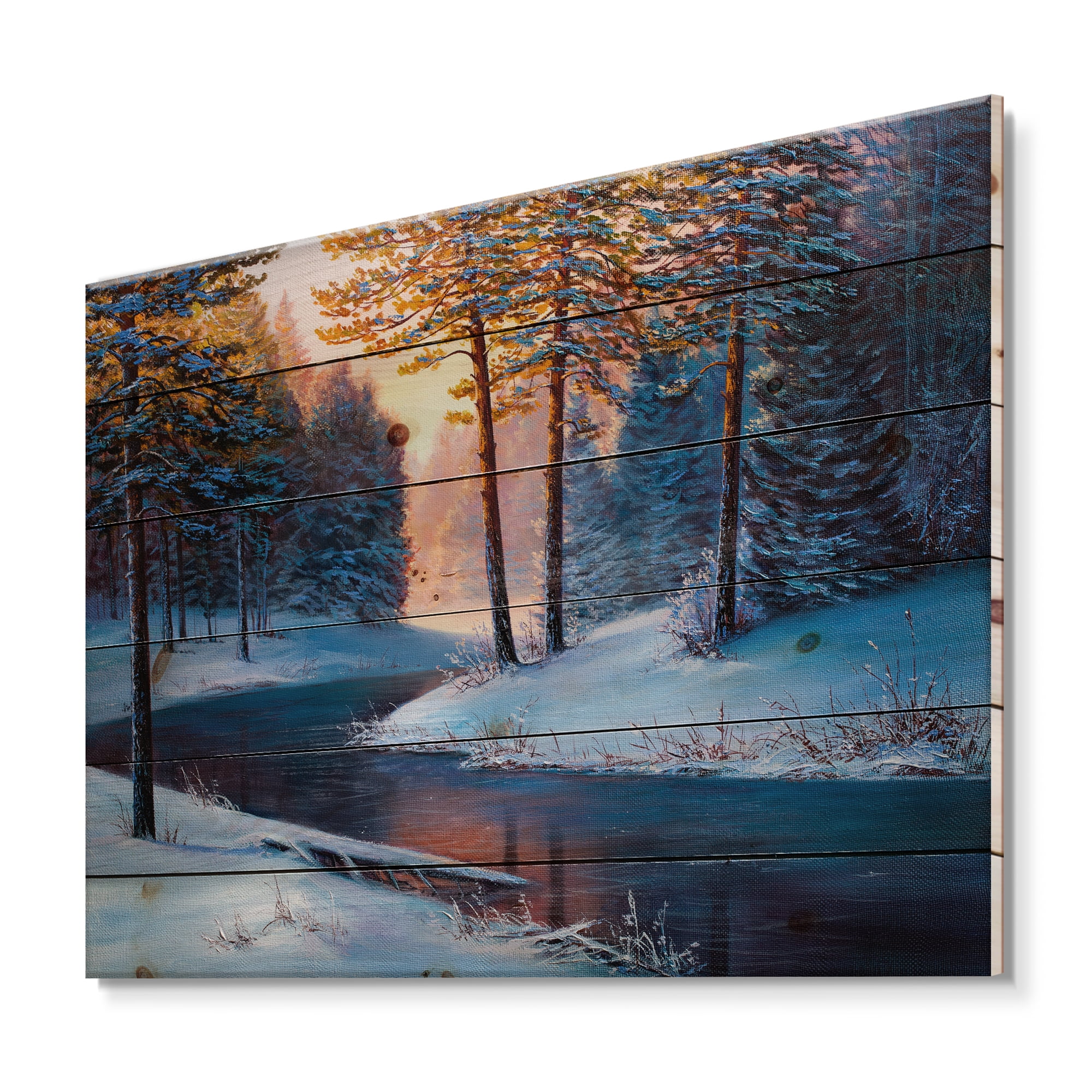 Designart 'Morning Glow Through The Christmas Forest By The River' Lake House Print on Natural Pine Wood