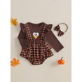 thumbnail image 4 of Michellecmm Baby Girl Thanksgiving Rompers 0-18M Newborn Long Sleeve Bodysuits Plaid Print Turkey Embroidery Crew Neck Jumpsuits with Bow Headband, 4 of 9