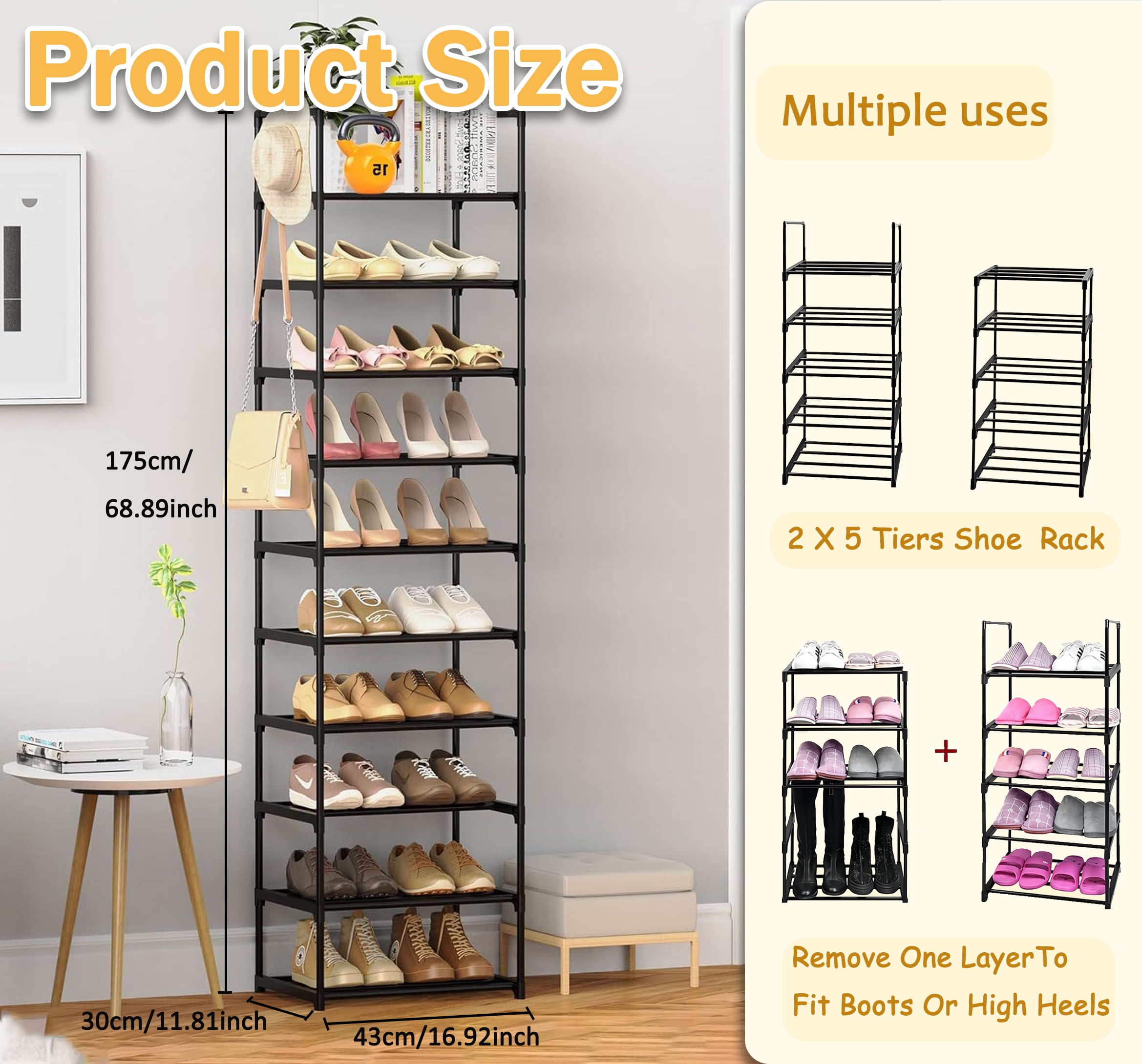 10 Tier Metal Shoes Rack, Stackable Shoe Organizer, Space-Saving Shoe Shelf Shoe Rack for Closet, Shoe Rack for Entryway and Boots Organizer