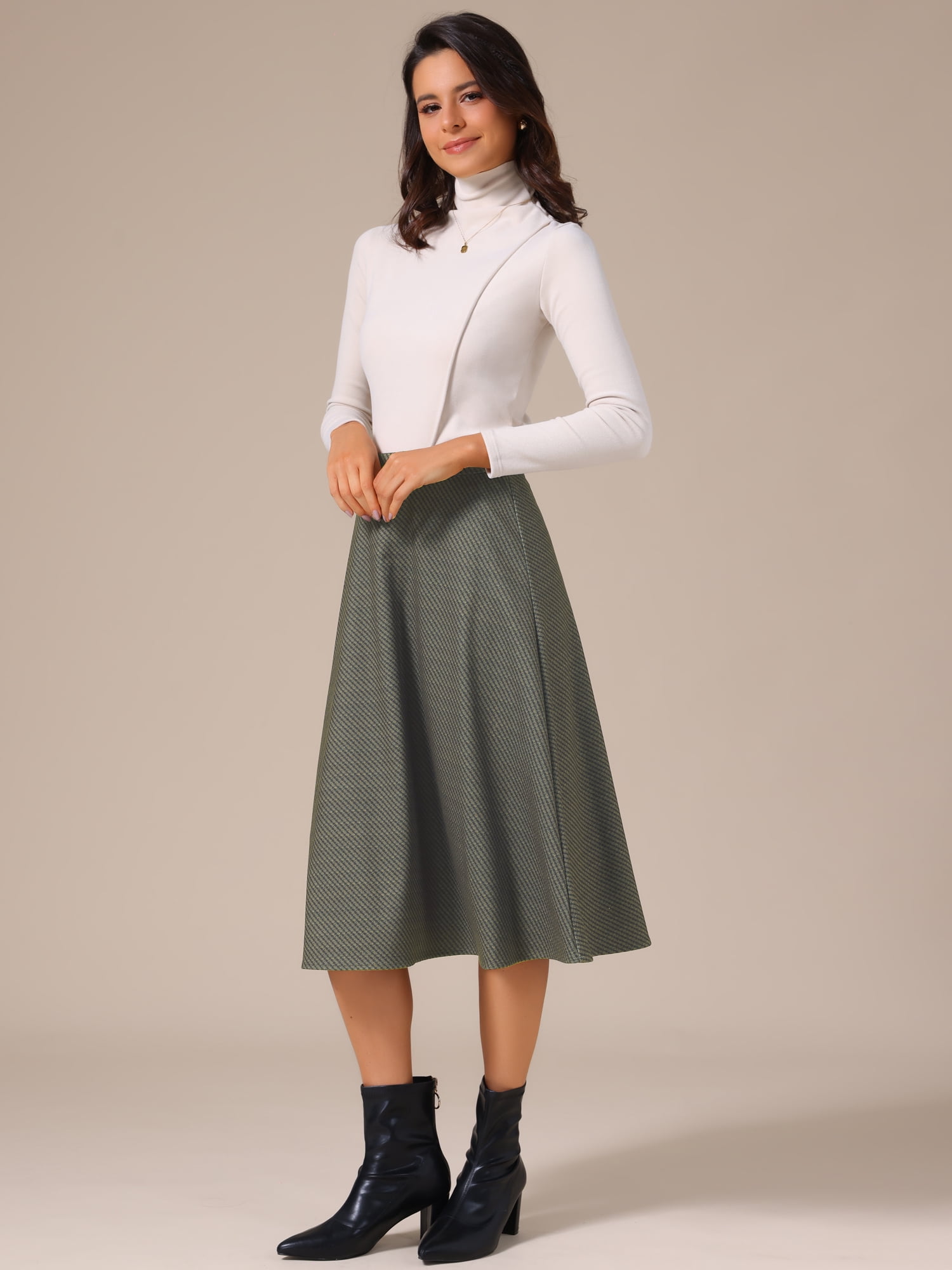 DARING DIVA Women's Houndstooth Plaid Midi Skirt Vintage A-Line Skirts Large Coffee