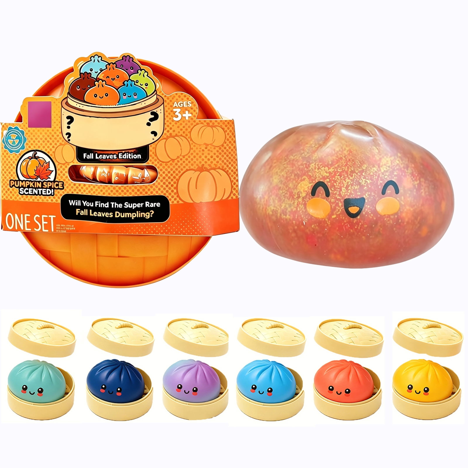 Pumpkin Scented Fall Mystery Dumplings Squishy Toy,Autumn Maple Pumpkin Spice Scented Stress Relief Squeeze Toy Set with Mini Steamer Basket