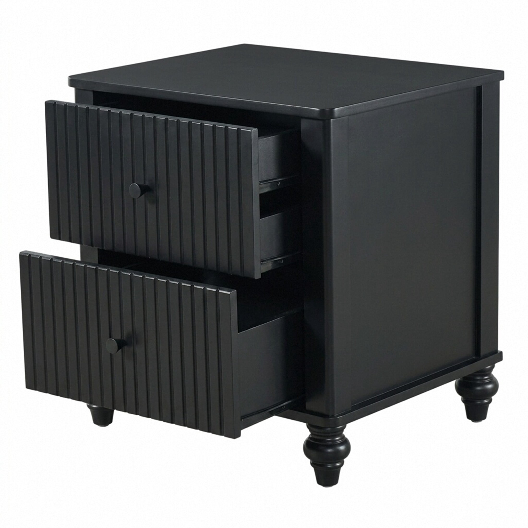 Christopher Knight Home Modern Fluted Nightstand, 2-Drawer Bedside Table with Turned Legs, Black, Set of 2