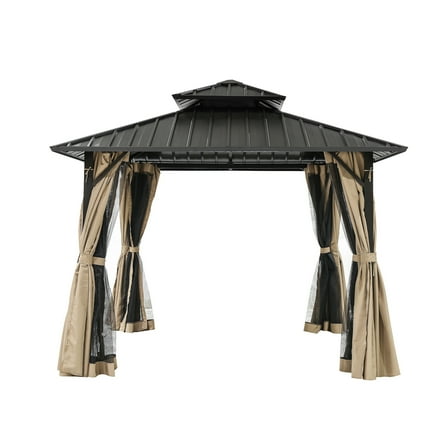 12'x12' Hardtop Gazebo with Double Roof & Mosquito Netting, Khaki All-Weather Outdoor Shelter - Patio Canopy with Dual-Layer Ventilation