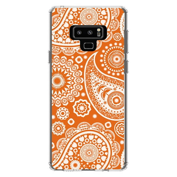 DistinctInk Clear Shockproof Hybrid Case for Samsung Galaxy Note 9 - TPU Bumper, Acrylic Back, Tempered Glass Screen Protector - Orange White Paisley