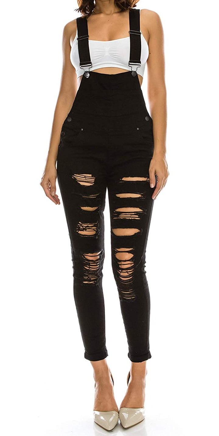 Womens Plus Stretch Distressed Overalls 1X