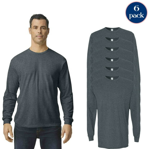 Gildan Adult’s Heavy Cotton Long Sleeve Crewneck Dark Heather T-Shirt, Bulk Pack of 6, S