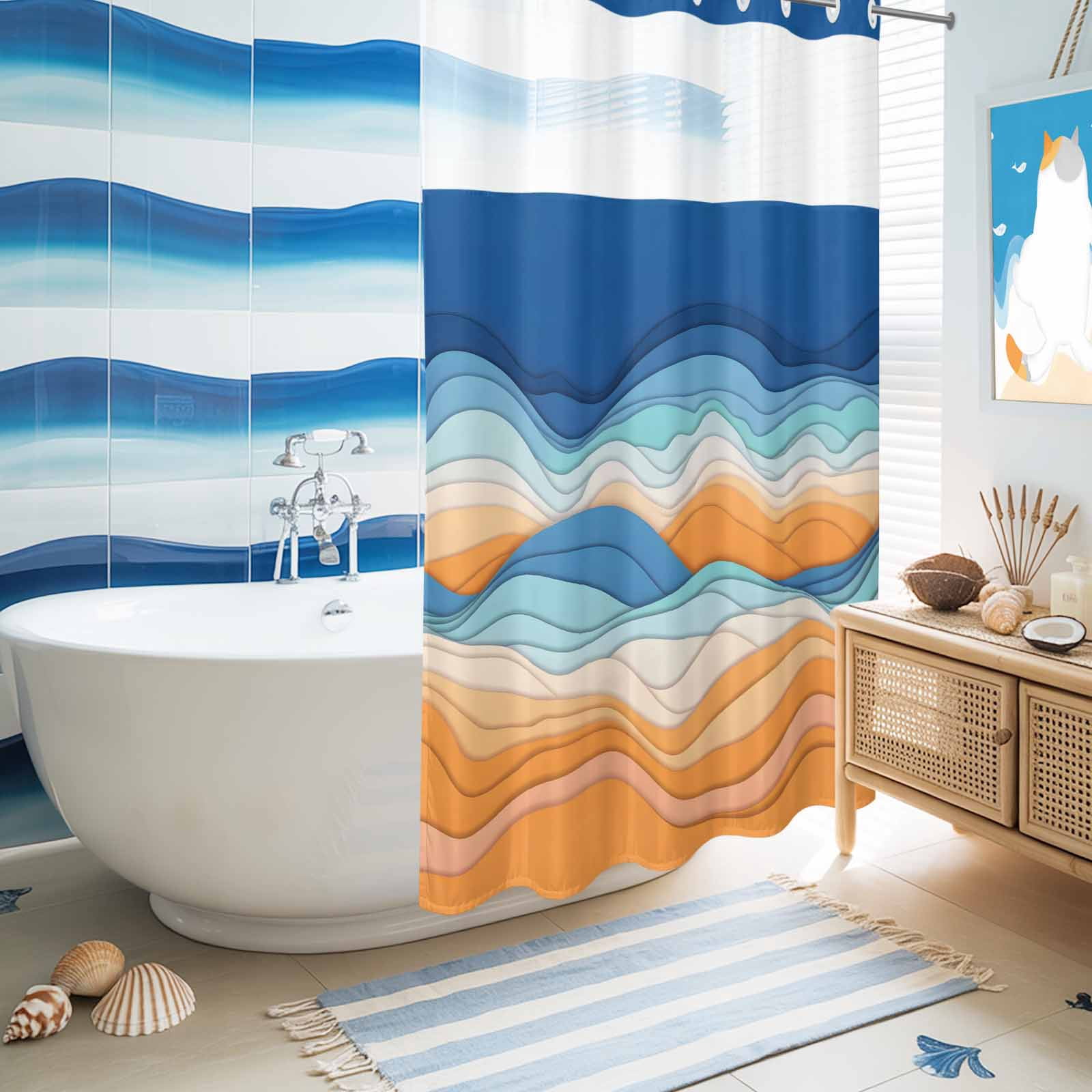 No Hook Shower Curtain Ombre Orange Blue Shower Curtain for Bathroom Abstract Mountain Waves Lines Bath Curtains Waterproof Fabric with See Through Top Window for Spa Hotel 36x72 Inch