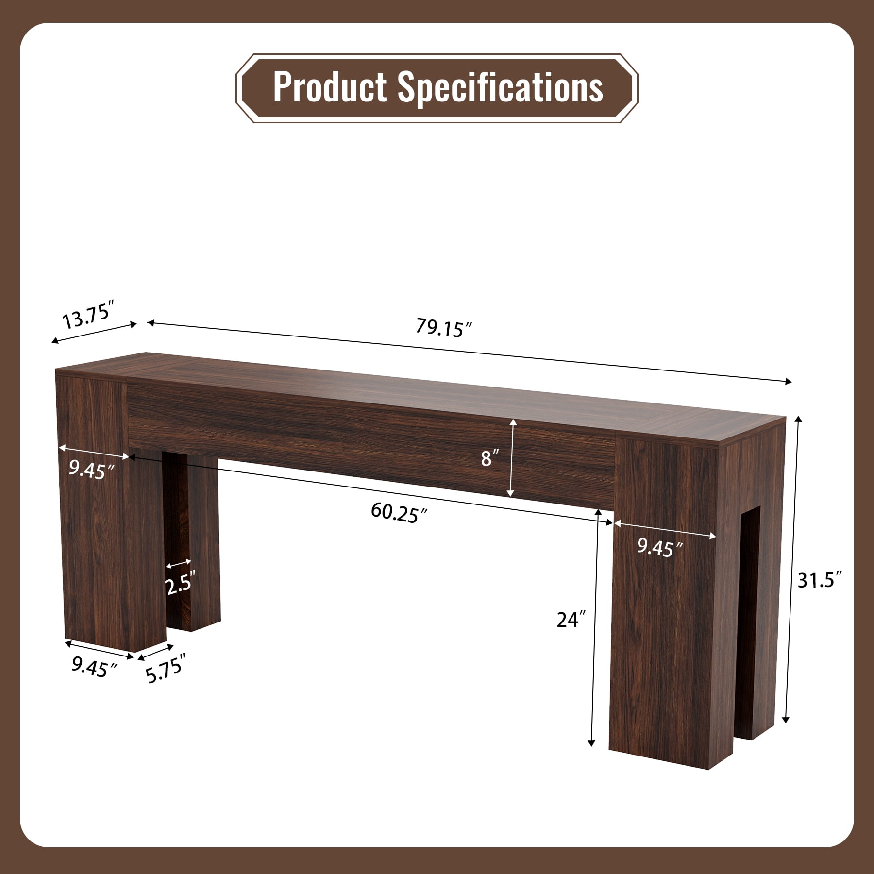 Extra Long Sofa Console Table for Entryway Living Room, 78-Inch Farmhouse Wood Behind Couch Table, Rectangular Accent Console with Wooden Double Base for Hallway Foyer Entrance, Walnut Brown