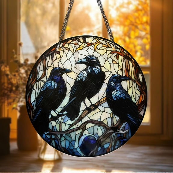 Raven Crow Stained Glass Suncatcher Gothic Window Hanging Decor Dark Forest Art Panel Witchy Halloween Gift Halloween Decor
