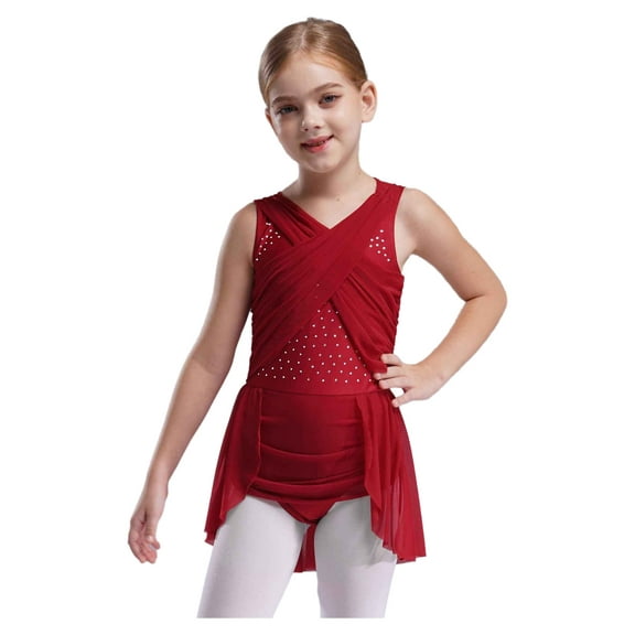 Haitryli Kids Girls Lyrical Contemporary Dance Dress Shiny Rhinestone Ballet Skirted Leotard Figure Skating Dress Burgundy 8