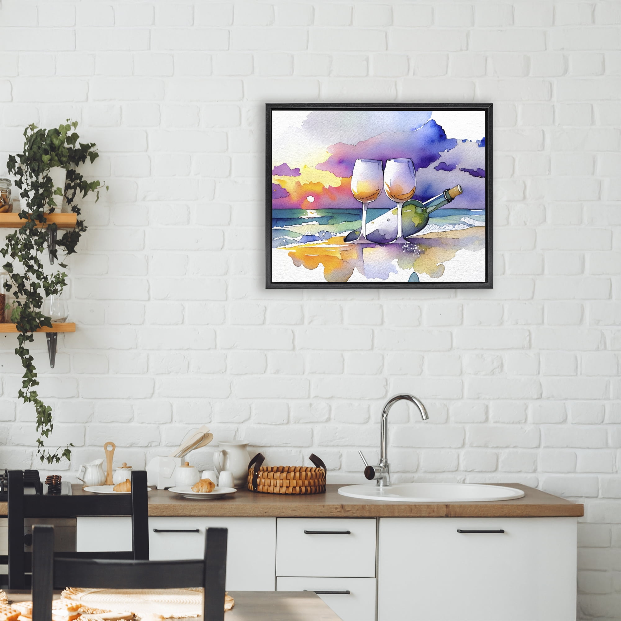Stupell Industries Coastal Cheers with Wine Black Framed Floater Canvas Wall Art, design by Shelly Craig