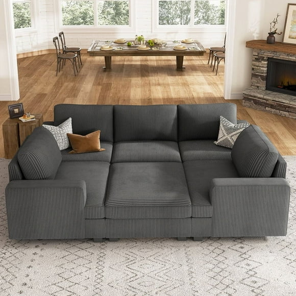 HONBAY Sectionnel Moderne en Velours Côtelé avec Méridienne de Rangement pour Salon, Gris