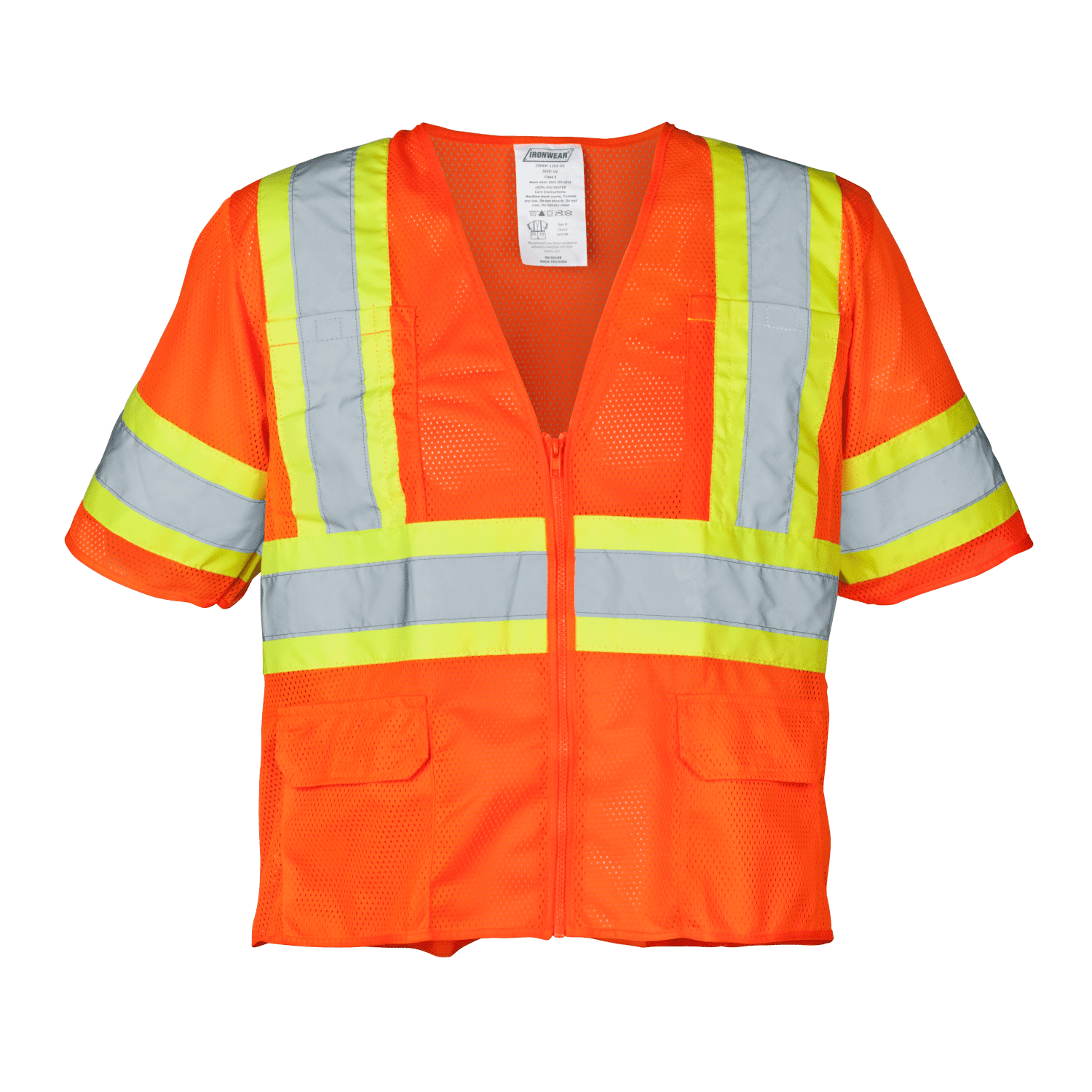 Ironwear 1293 Class 3 Polyester Mesh Safety Vest w/ Zipper & 6 Pockets