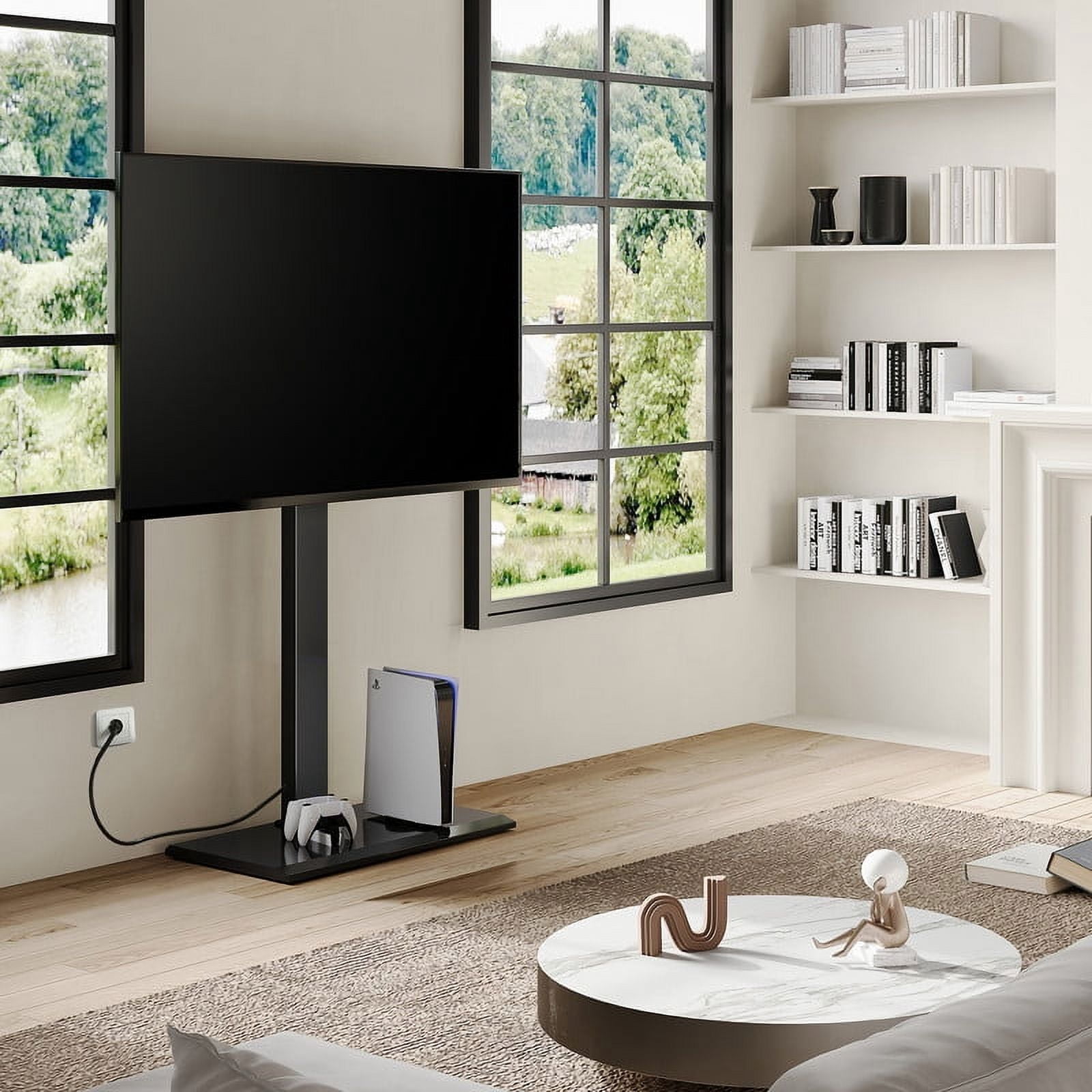 FITUEYES Modern Black Swivel Floor TV Stand with Power Strip Mount for TVs up to 85 inch Metal Base