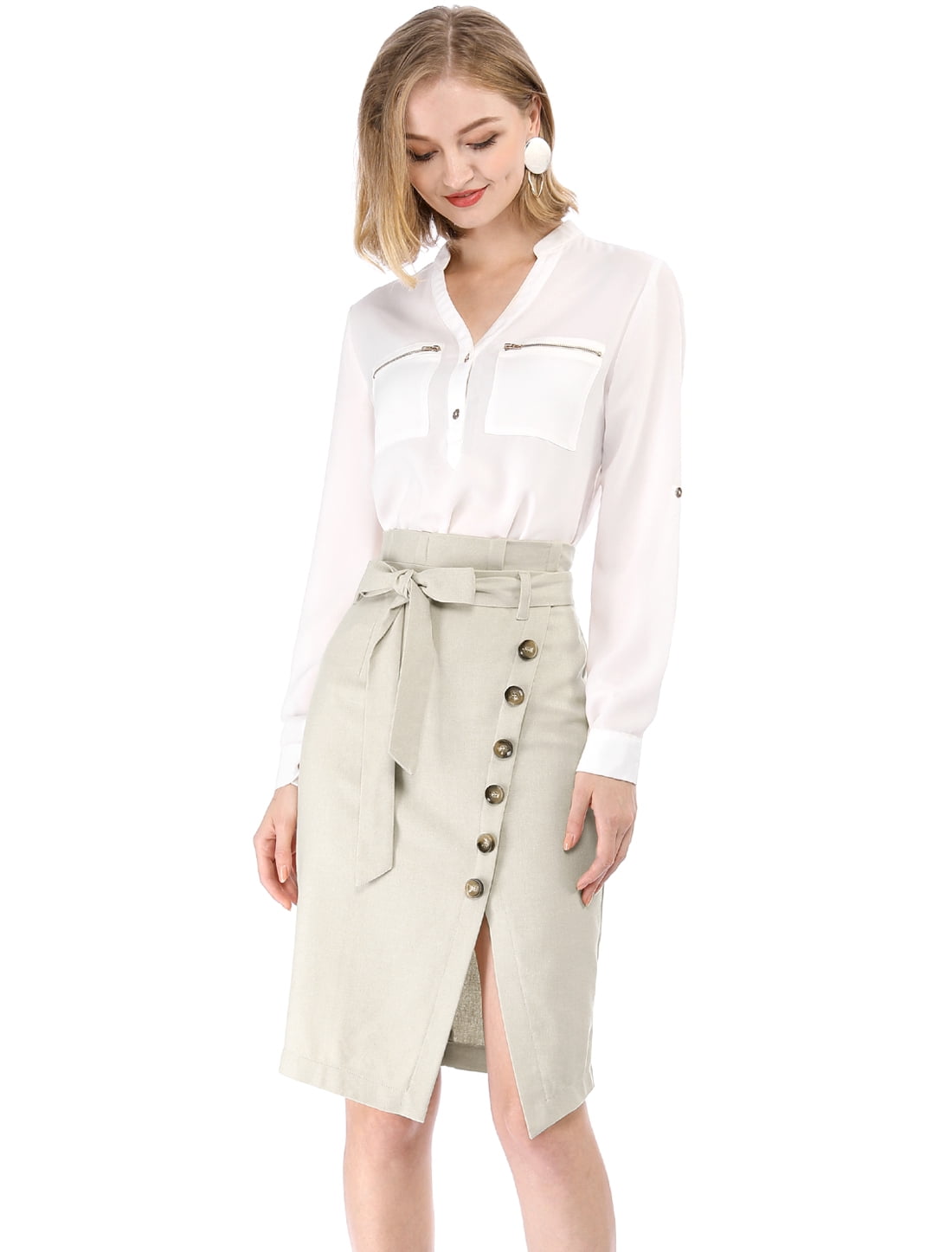 DARING DIVA Women's Asymmetrical Front Split Belted Midi Pencil Skirt L Beige