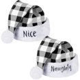 thumbnail image 1 of wonima44 2 Pieces Naughty and Nice Plush Christmas Santa Hats Buffalo Plaid Holiday Hat for Christmas Party Supplies (White, Black, Adult Size), 1 of 1