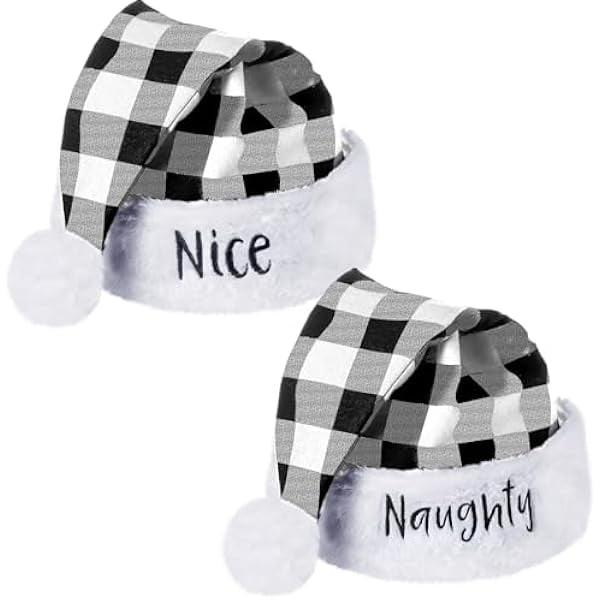 wonima44 2 Pieces Naughty and Nice Plush Christmas Santa Hats Buffalo Plaid Holiday Hat for Christmas Party Supplies (White, Black, Adult Size)