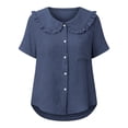 thumbnail image 4 of hlysgo Women's Collar Shirt Vintage Short Sleeve Button Down Shirt Y2K Streetwear Soft Comfy Blouse Dark Blue,2xL, 4 of 6