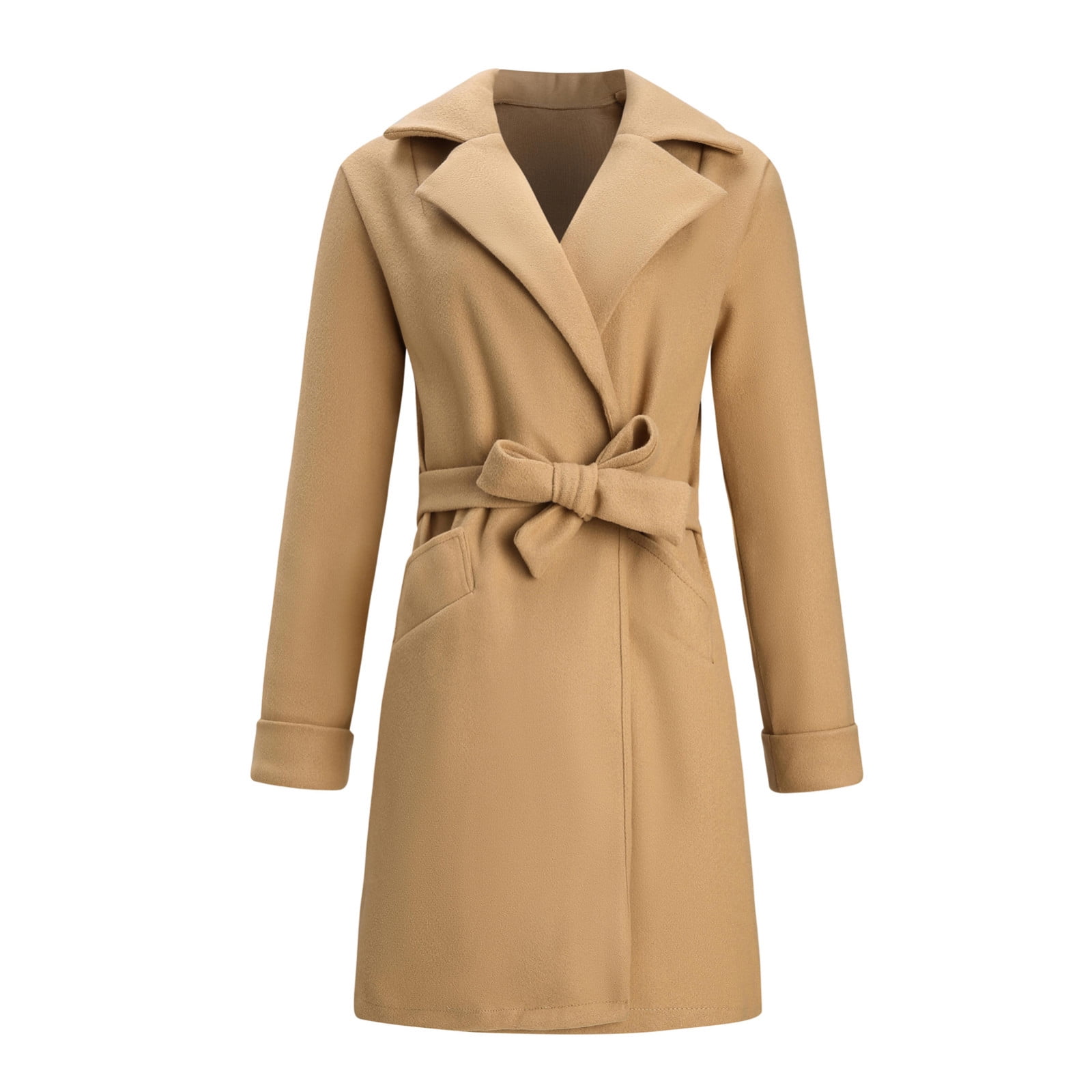 Baberdicy Women's Belted Wool Coat, Slim Fit Lapel Trench Overcoat