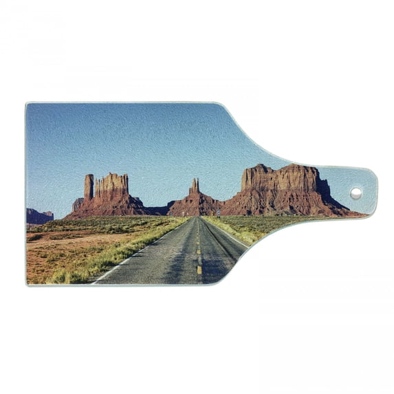 Arizona Cutting Board, Adventure Trip Themed Panoramic View of Long Road at Monument Valley USA Highway, Decorative Tempered Glass Cutting and Serving Board, in 3 Sizes, by Ambesonne