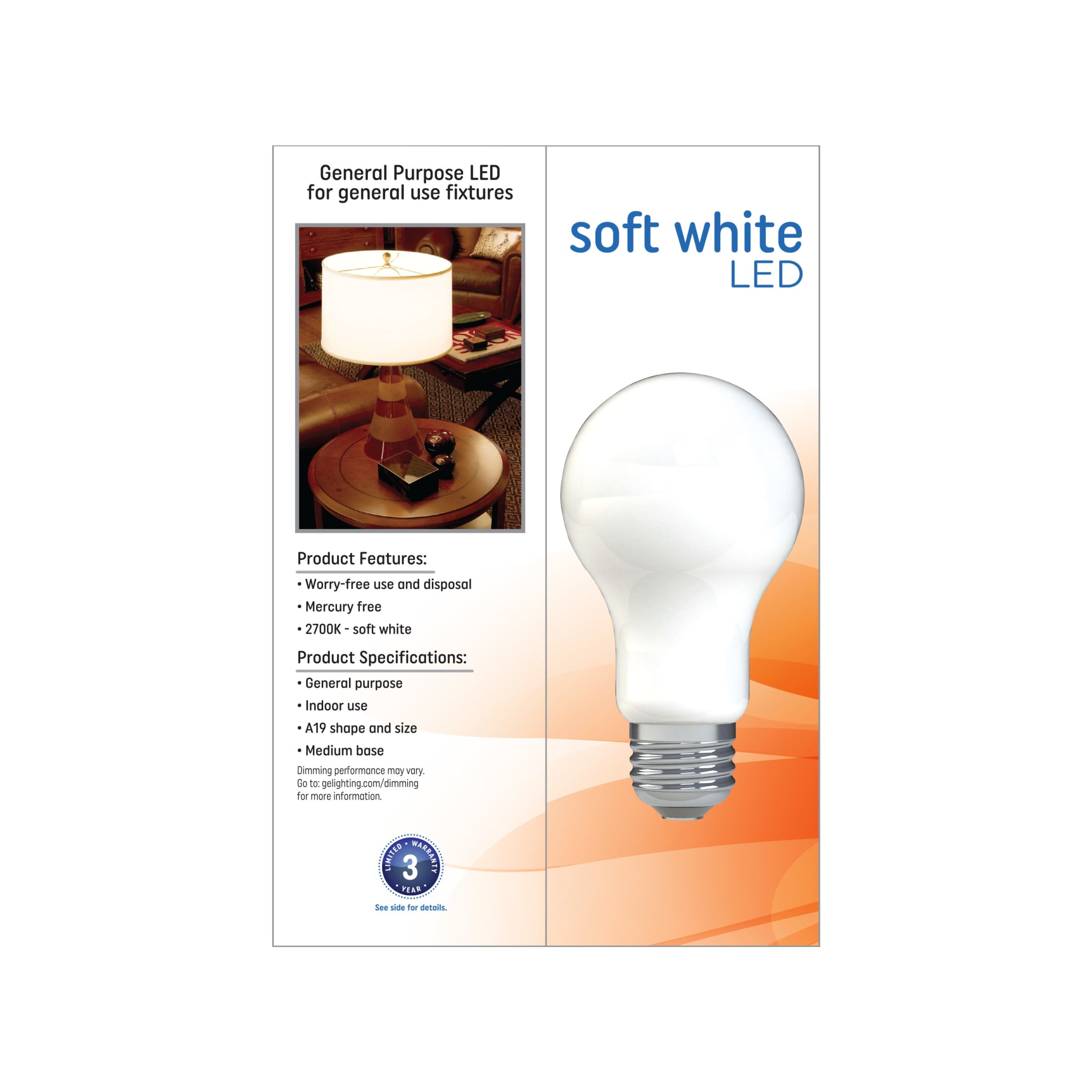 (3 pack) GE LED Light Bulbs, 40 Watts, Soft White, A19 Bulbs, Medium Base, Frosted Finish, 13yr, 4pk