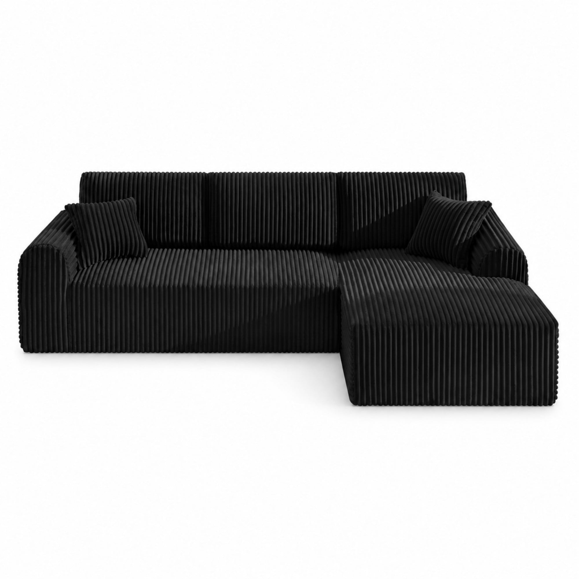 DEALTOPS 109" Corduroy L-Shape Floor Cloud Couch, Deep Seat Modular Sectional Sofa, Right Chaise, Black