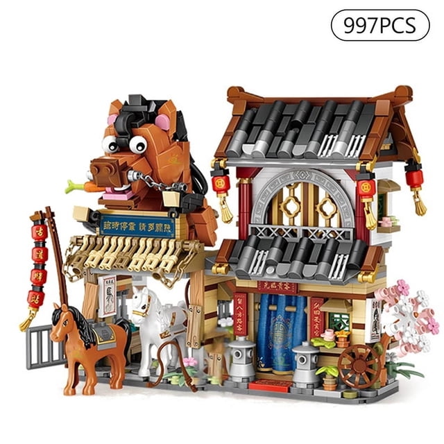 Street View Series Building Blocks Set, Izakaya Shaved Ice Takoyaki Coffee & Panda Tea House DIY Model, Creative Assembled Scenery Bricks Decor Toy Gift for Kids