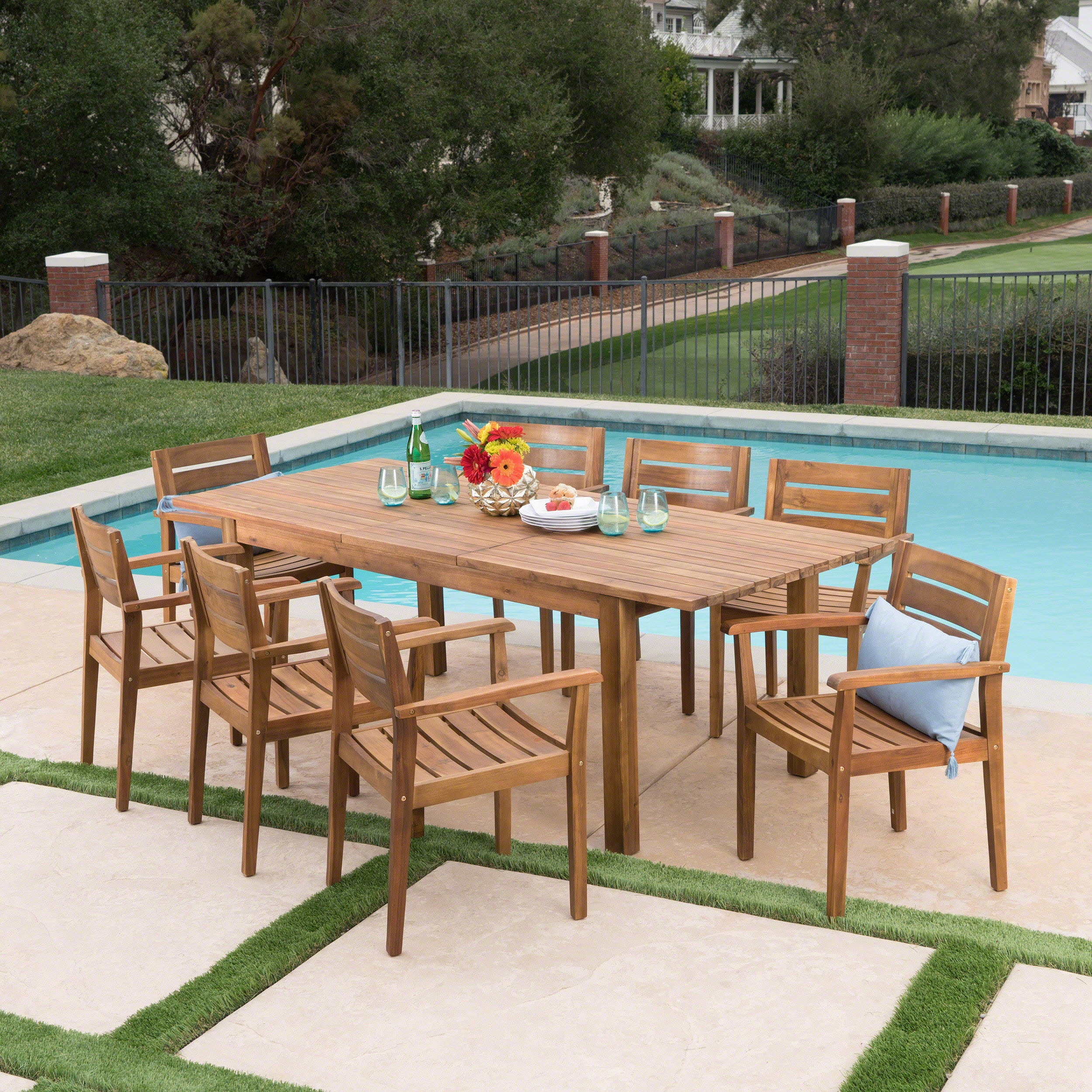 william outdoor 9 piece acacia wood dining set with expandable dining